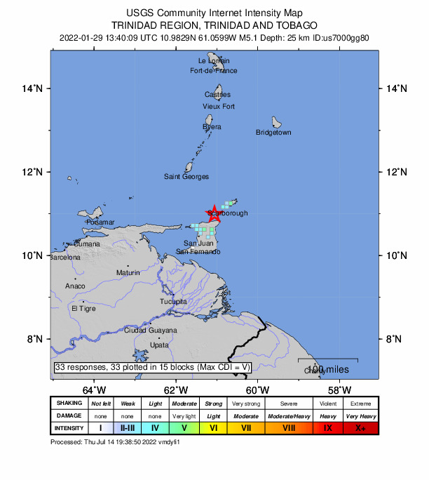 USGS DYFI community-reported intensity map for the M5.1 earthquake near 41 km WSW of Scarborough, Trinidad and Tobago