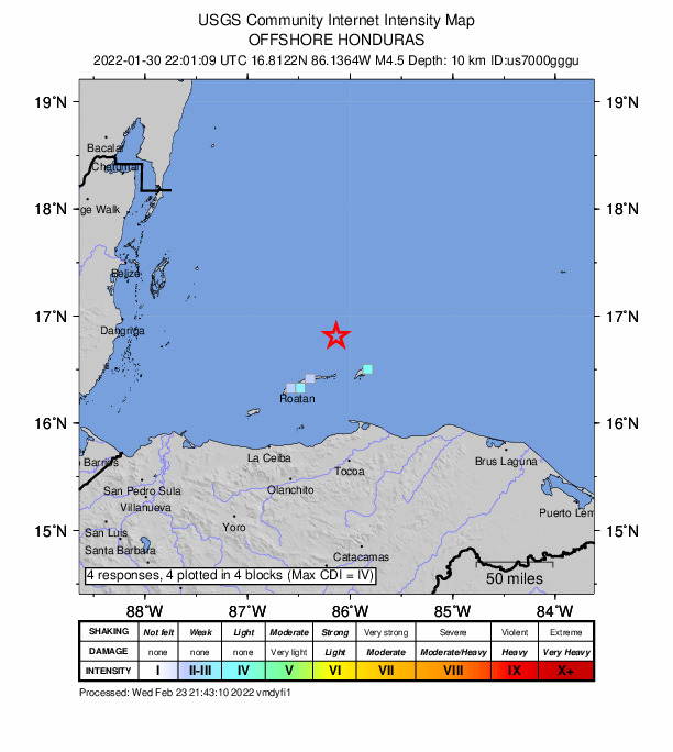 USGS DYFI community-reported intensity map for the M4.5 earthquake near 47 km NNW of Guanaja, Honduras