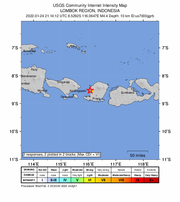USGS DYFI community-reported intensity map for the M4.4 earthquake near 4 km SSE of Senggigi, Indonesia
