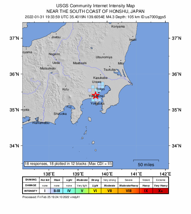 USGS DYFI community-reported intensity map for the M4.3 earthquake near 5 km SW of Yokohama, Japan