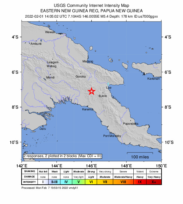 USGS DYFI community-reported intensity map for the M5.4 earthquake near 71 km W of Bulolo, Papua New Guinea
