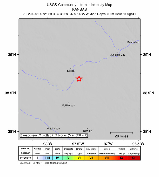 USGS DYFI community-reported intensity map for the M2.5 earthquake near 5 km WSW of Gypsum, Kansas