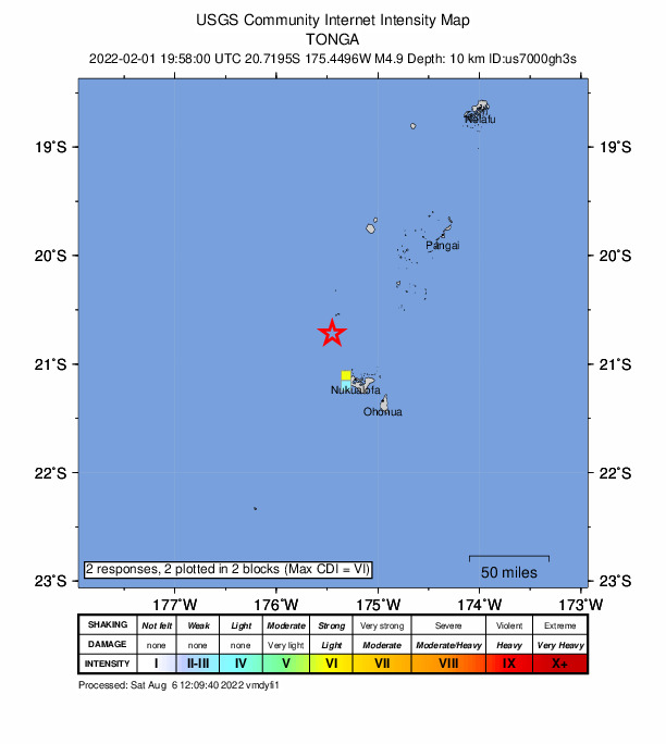 USGS DYFI community-reported intensity map for the M4.9 earthquake near 53 km NNW of Nuku‘alofa, Tonga