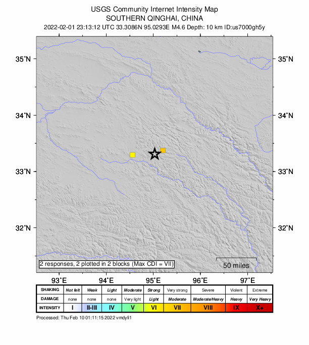USGS DYFI community-reported intensity map for the M4.6 earthquake near Southern Qinghai, China