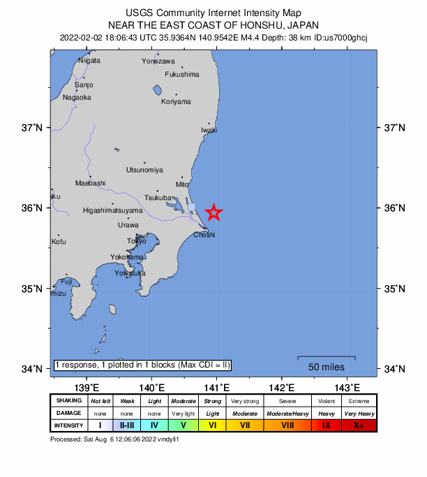 USGS DYFI community-reported intensity map for the M4.4 earthquake near 25 km NNE of Hasaki, Japan