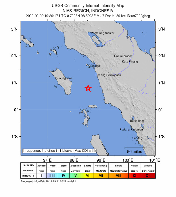 USGS DYFI community-reported intensity map for the M4.7 earthquake near 105 km SW of Padangsidempuan, Indonesia