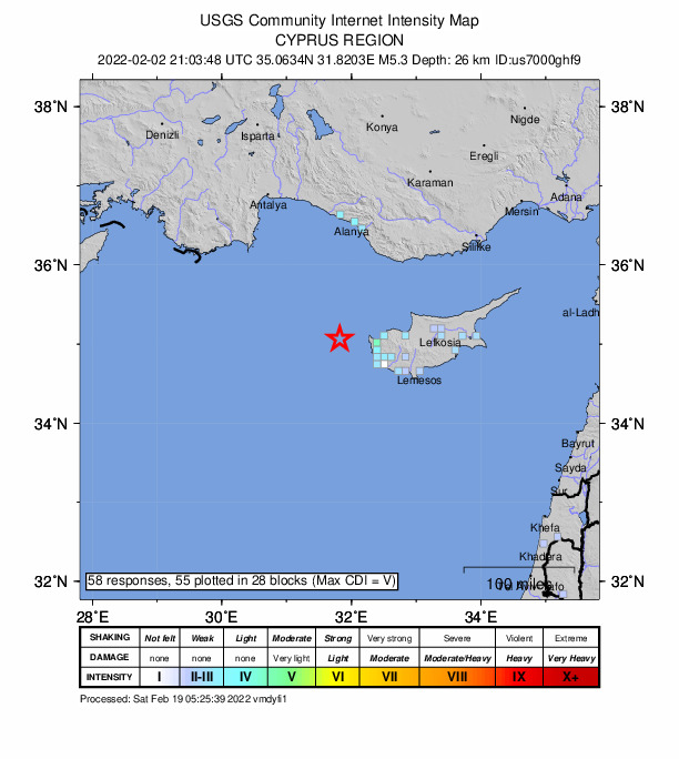 USGS DYFI community-reported intensity map for the M5.3 earthquake near 55 km WNW of P?geia, Cyprus