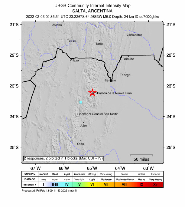 USGS DYFI community-reported intensity map for the M5.0 earthquake near 37 km E of Humahuaca, Argentina