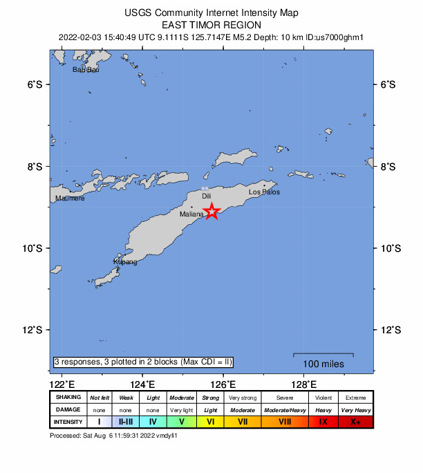 USGS DYFI community-reported intensity map for the M5.2 earthquake near 13 km SSE of Same, Timor Leste