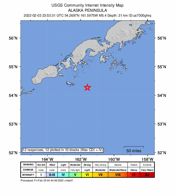 USGS DYFI community-reported intensity map for the M5.4 earthquake near 99 km SSE of King Cove, Alaska