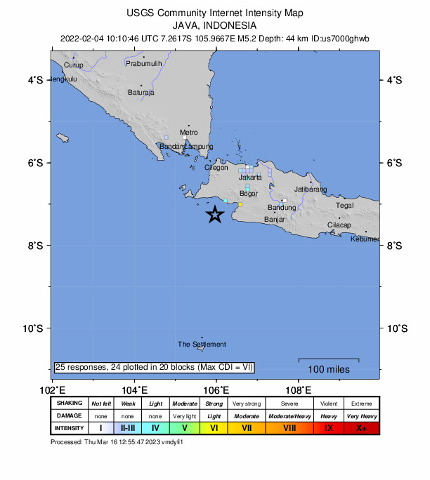 USGS DYFI community-reported intensity map for the M5.2 earthquake near 71 km WSW of Pelabuhanratu, Indonesia