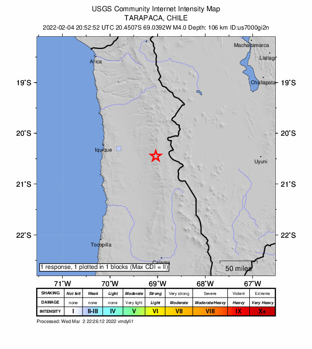USGS DYFI community-reported intensity map for the M4.0 earthquake near 118 km ESE of Iquique, Chile