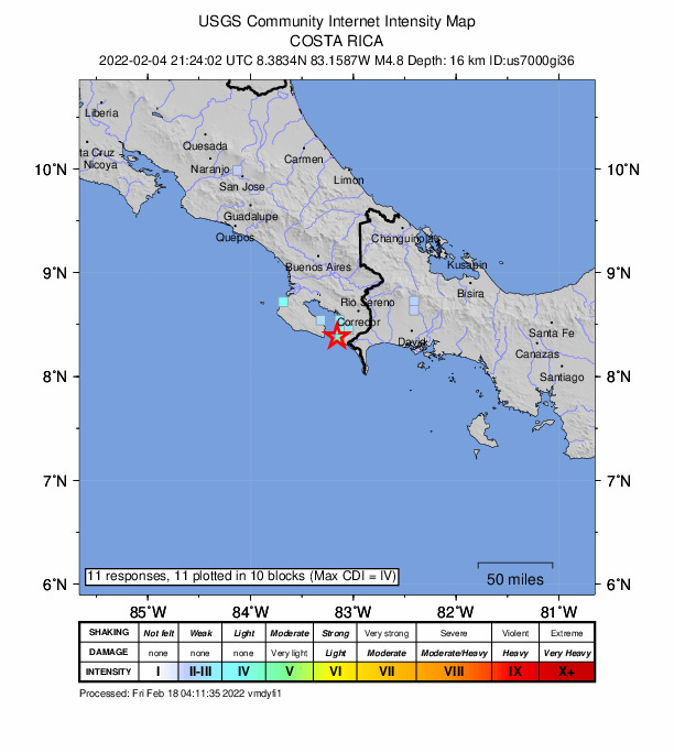 USGS DYFI community-reported intensity map for the M5.0 earthquake near 24 km S of Golfito, Costa Rica