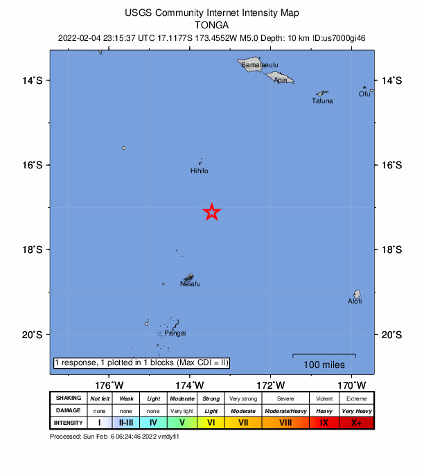 USGS DYFI community-reported intensity map for the M4.9 earthquake near 102 km S of Hihifo, Tonga