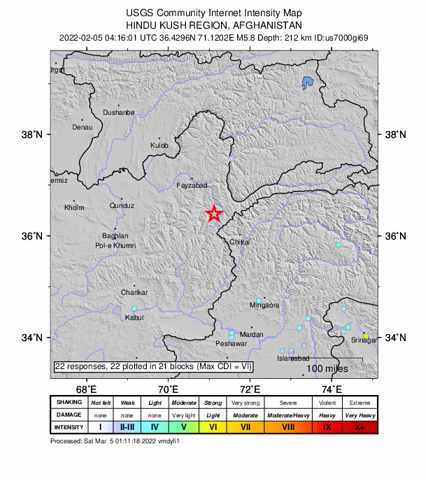 USGS DYFI community-reported intensity map for the M5.8 earthquake near 45 km SW of Ashk?sham, Afghanistan