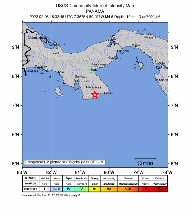 USGS DYFI community-reported intensity map for the M4.6 earthquake near 6 km NW of Ave María, Panama