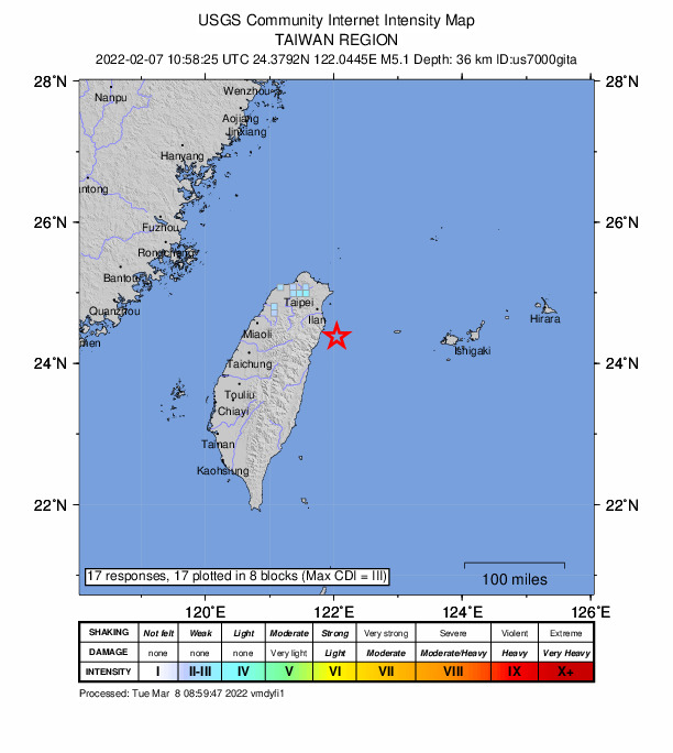 USGS DYFI community-reported intensity map for the M5.1 earthquake near 50 km SE of Yilan, Taiwan