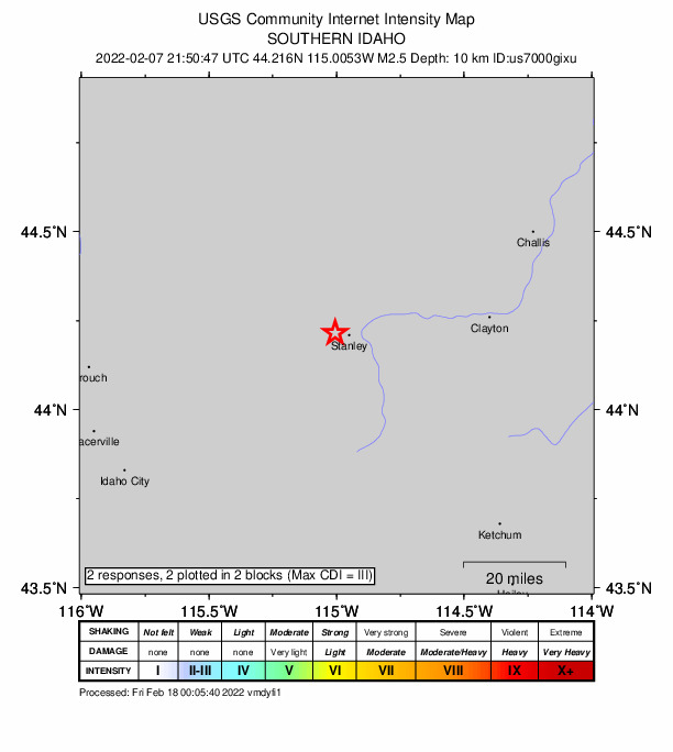 USGS DYFI community-reported intensity map for the M2.5 earthquake near 5 km W of Stanley, Idaho