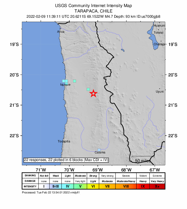 USGS DYFI community-reported intensity map for the M4.8 earthquake near 113 km ESE of Iquique, Chile