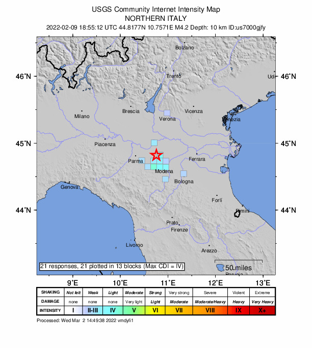 USGS DYFI community-reported intensity map for the M4.2 earthquake near 2 km SSW of Campagnola Emilia, Italy