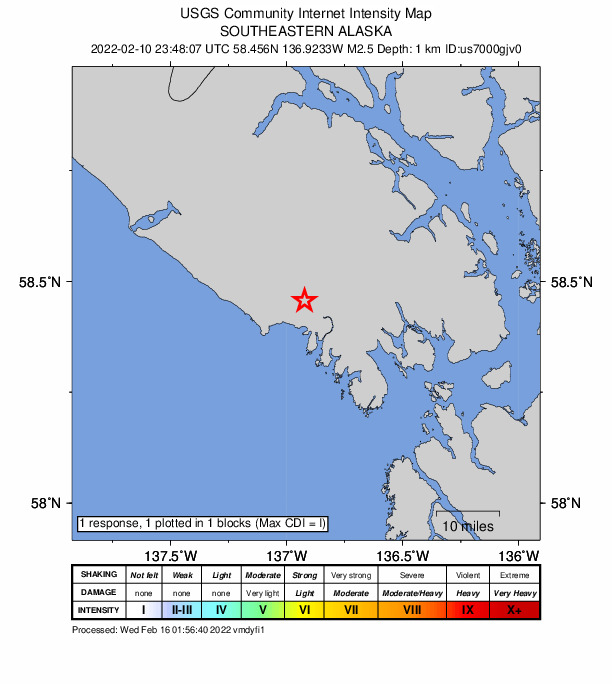 USGS DYFI community-reported intensity map for the M2.5 earthquake near 45 km NW of Elfin Cove, Alaska