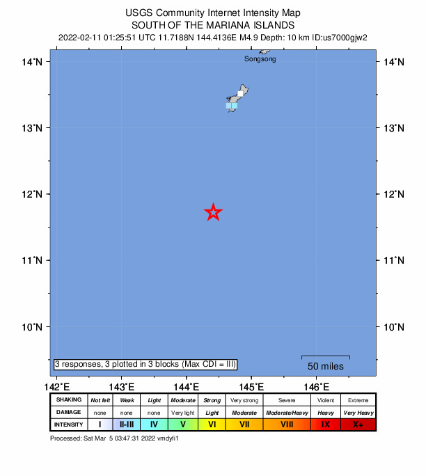 USGS DYFI community-reported intensity map for the M4.9 earthquake near 173 km S of Merizo Village, Guam