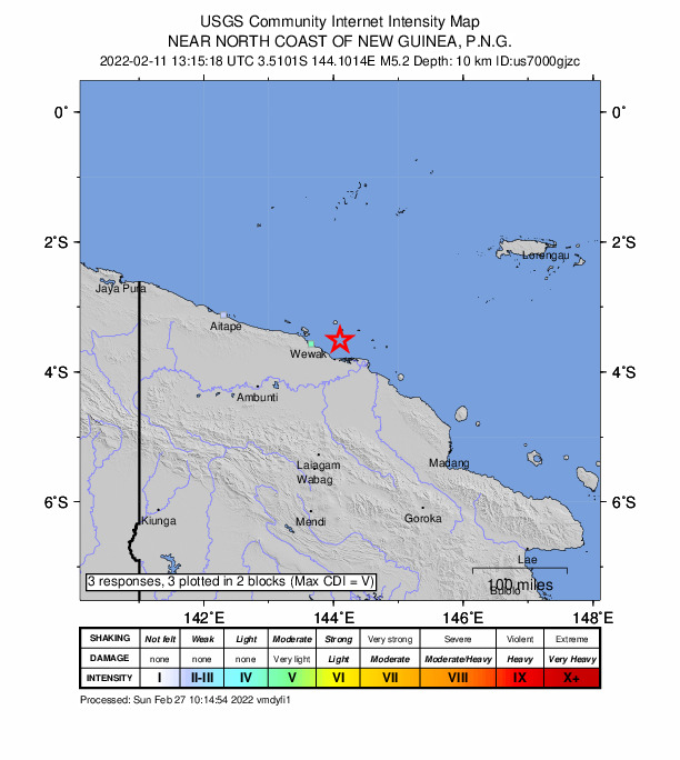 USGS DYFI community-reported intensity map for the M5.2 earthquake near 52 km E of Wewak, Papua New Guinea