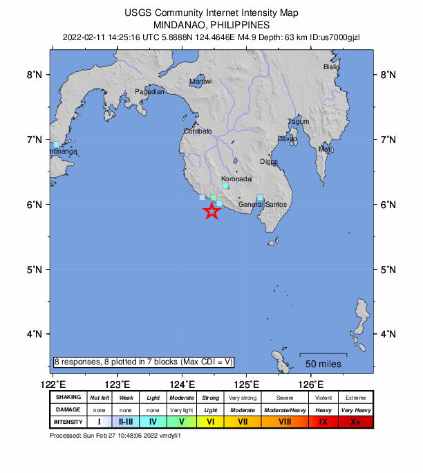 USGS DYFI community-reported intensity map for the M4.9 earthquake near 14 km SSW of Nalus, Philippines