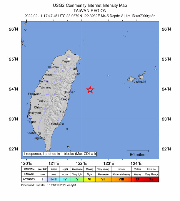 USGS DYFI community-reported intensity map for the M4.5 earthquake near 73 km E of Hualien City, Taiwan