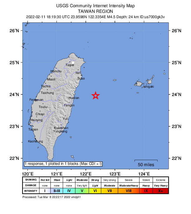 USGS DYFI community-reported intensity map for the M4.5 earthquake near 74 km E of Hualien City, Taiwan