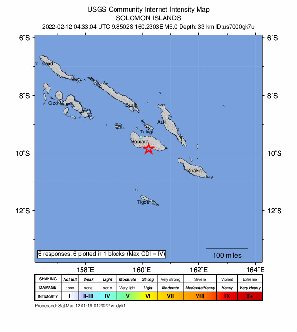 USGS DYFI community-reported intensity map for the M5.0 earthquake near 55 km SSE of Honiara, Solomon Islands