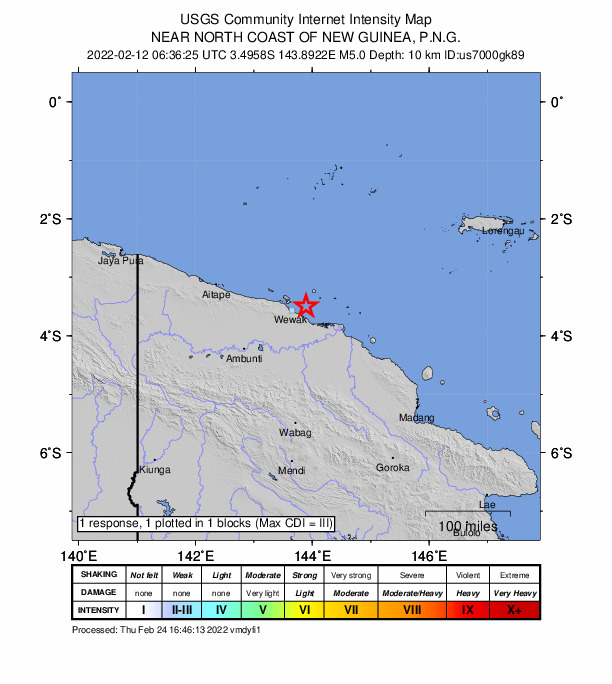 USGS DYFI community-reported intensity map for the M5.0 earthquake near 29 km ENE of Wewak, Papua New Guinea