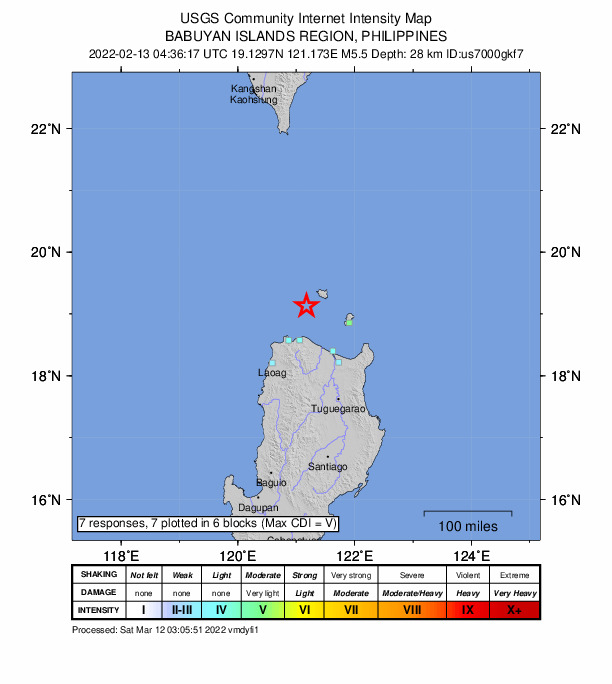 USGS DYFI community-reported intensity map for the M5.5 earthquake near 57 km N of Namuac, Philippines