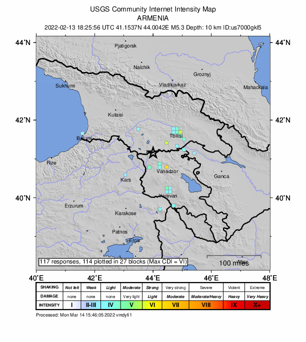 USGS DYFI community-reported intensity map for the M5.3 earthquake near 18 km WSW of Metsavan, Armenia