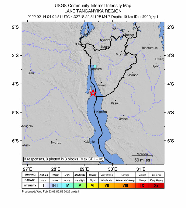 USGS DYFI community-reported intensity map for the M4.7 earthquake near 41 km SSW of Rumonge, Burundi