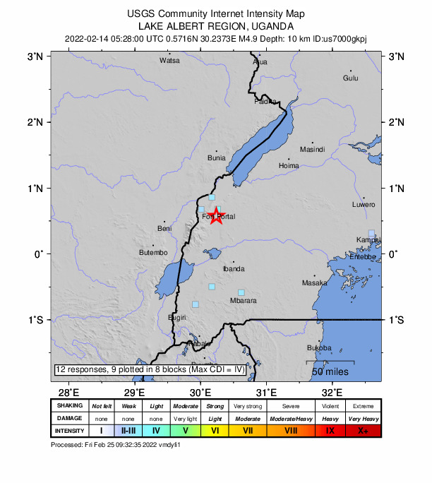 USGS DYFI community-reported intensity map for the M4.9 earthquake near 12 km SSW of Fort Portal, Uganda