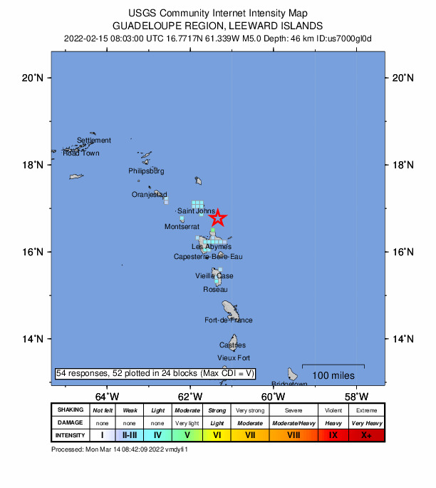 USGS DYFI community-reported intensity map for the M5.0 earthquake near 37 km NNE of Anse-Bertrand, Guadeloupe