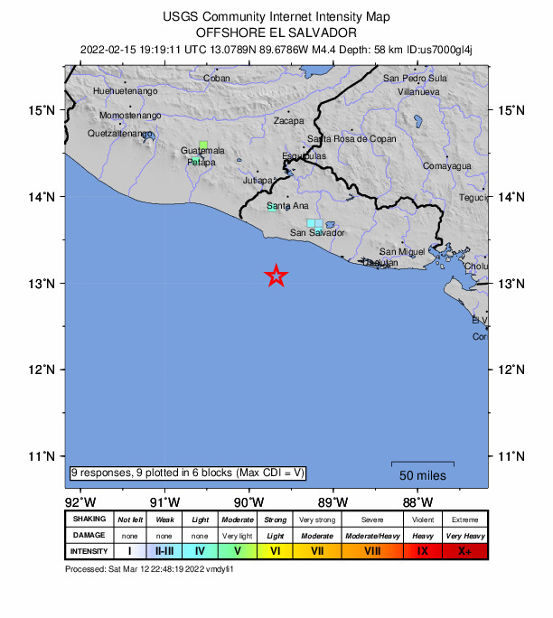 USGS DYFI community-reported intensity map for the M4.4 earthquake near 59 km SSE of Acajutla, El Salvador