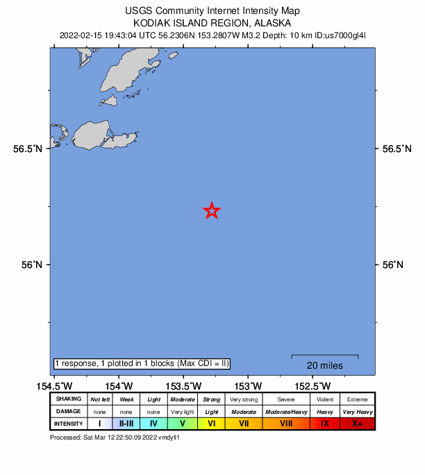 USGS DYFI community-reported intensity map for the M3.0 earthquake near 108 km SSE of Akhiok, Alaska