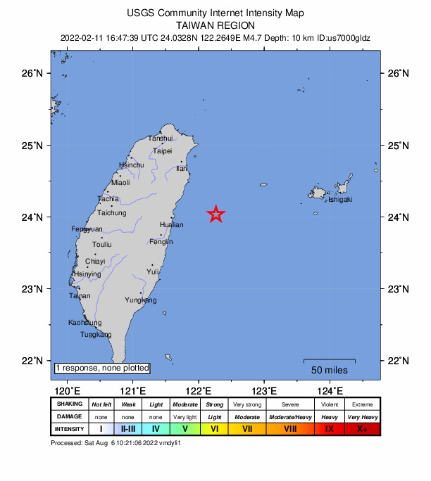 USGS DYFI community-reported intensity map for the M4.7 earthquake near 67 km E of Hualien City, Taiwan