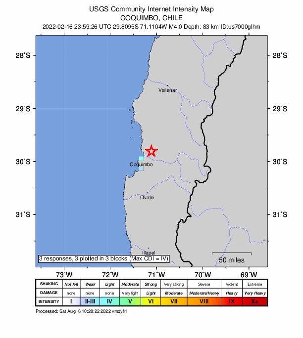 USGS DYFI community-reported intensity map for the M4.0 earthquake near 17 km NE of La Serena, Chile
