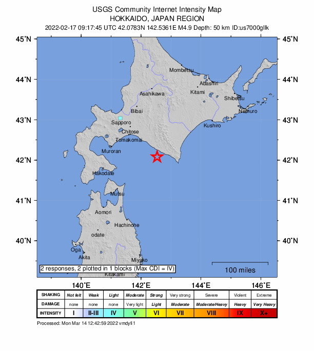 USGS DYFI community-reported intensity map for the M4.9 earthquake near 31 km SSE of Shizunai-furukawach?, Japan