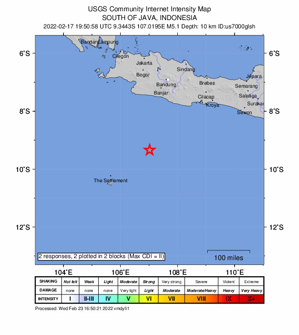 USGS DYFI community-reported intensity map for the M5.1 earthquake near 242 km S of Banjar, Indonesia