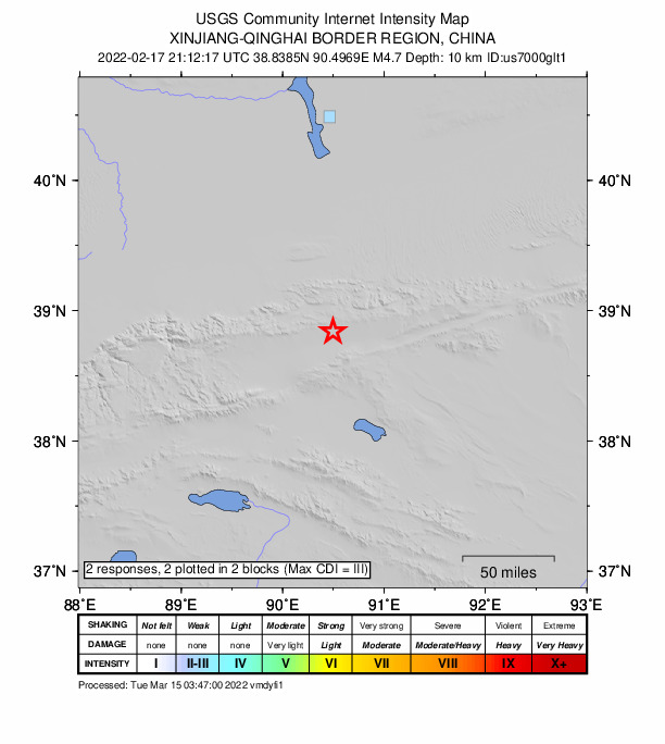 USGS DYFI community-reported intensity map for the M4.7 earthquake near Xinjiang-Qinghai border region, China