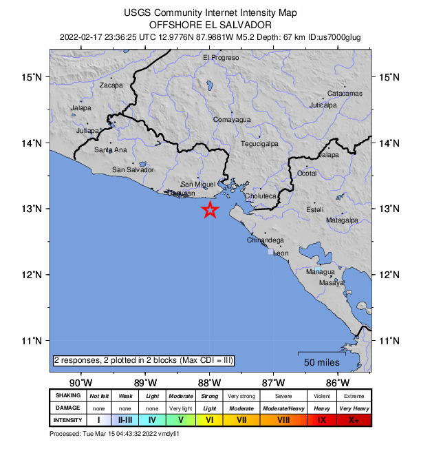 USGS DYFI community-reported intensity map for the M5.2 earthquake near 25 km SSE of Intipucá, El Salvador