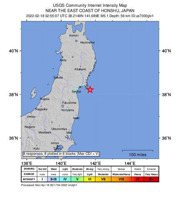 USGS DYFI community-reported intensity map for the M5.1 earthquake near 40 km ESE of Ishinomaki, Japan
