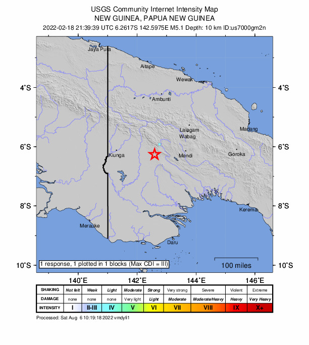 USGS DYFI community-reported intensity map for the M5.1 earthquake near 60 km SW of Tari, Papua New Guinea