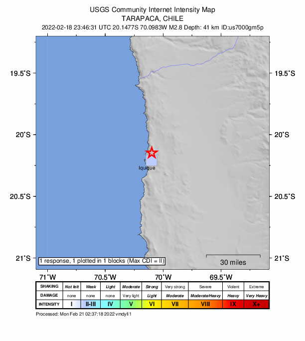 USGS DYFI community-reported intensity map for the M2.8 earthquake near 8 km NE of Iquique, Chile