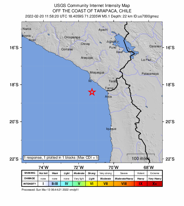 USGS DYFI community-reported intensity map for the M5.1 earthquake near 85 km S of Pacocha, Peru