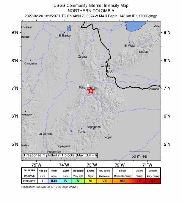 USGS DYFI community-reported intensity map for the M4.3 earthquake near 8 km S of Piedecuesta, Colombia